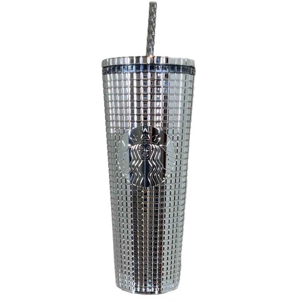 Starbucks 2023 Holiday Silver Chrome Grid Tumbler 24oz Venti NWT Mirror Ball